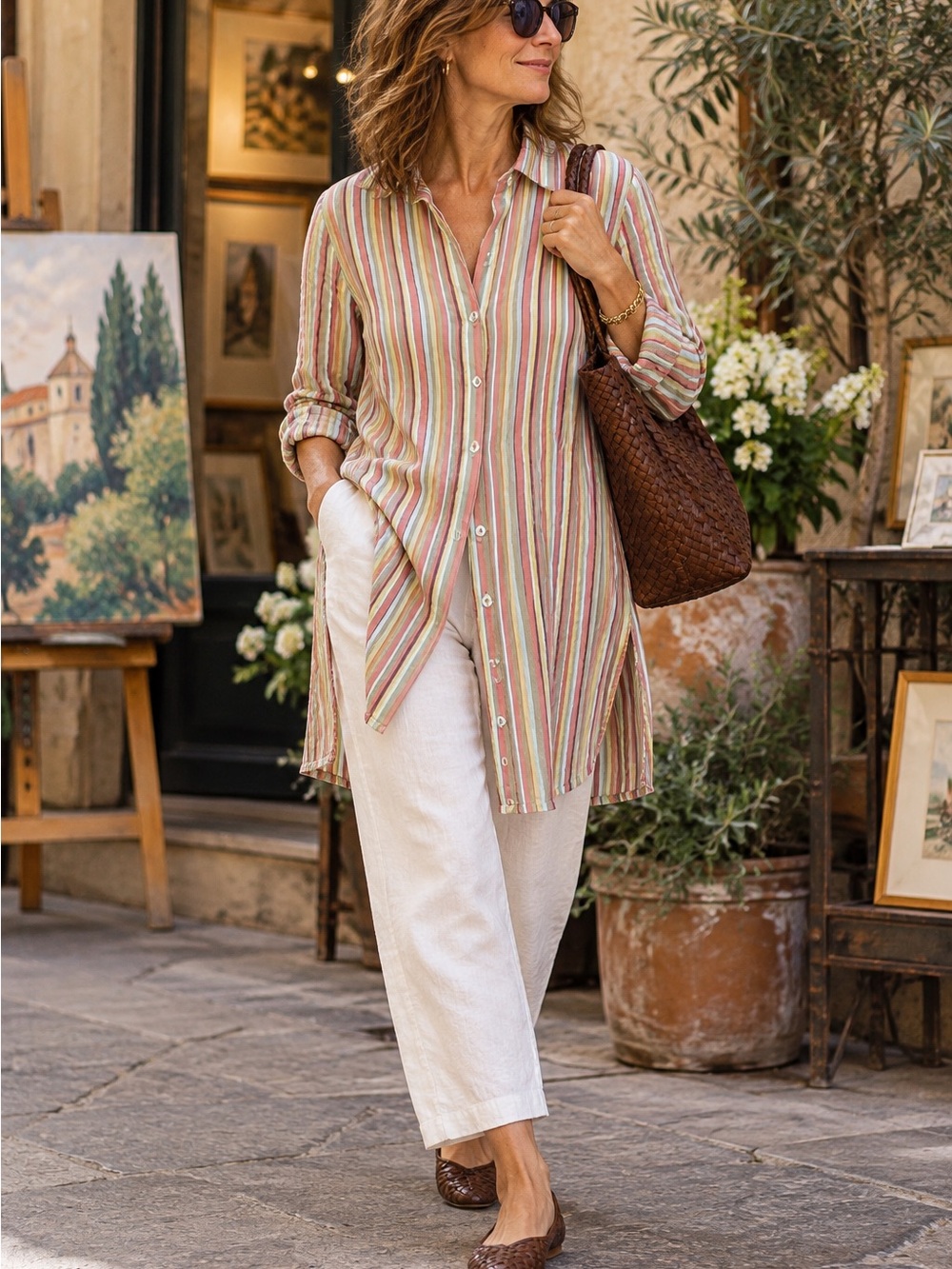 Nic + Zoe Striped Button Front Tunic Shirt Dress - Size M Multicolor